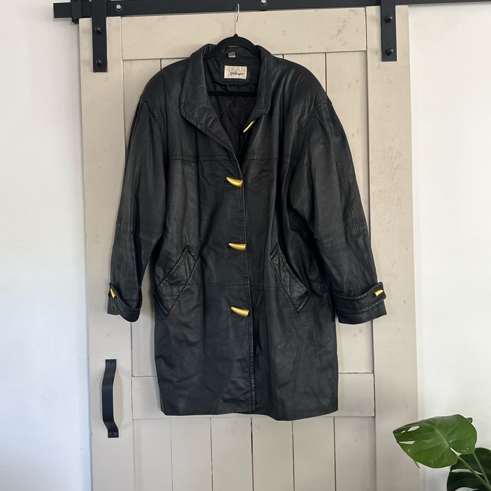 Women's Black Leather Coat with Yellow Accents